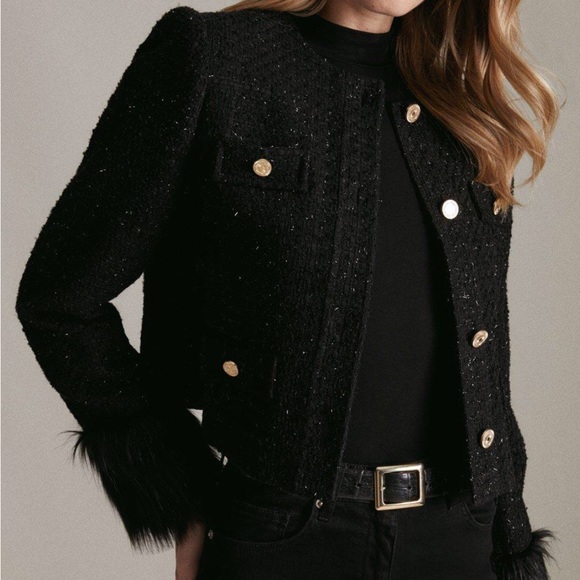 Karen Millen Set Sparkle Tweed DressAnd Faux Fur Cuff Jacket Sz 8 US - Picture 7 of 11